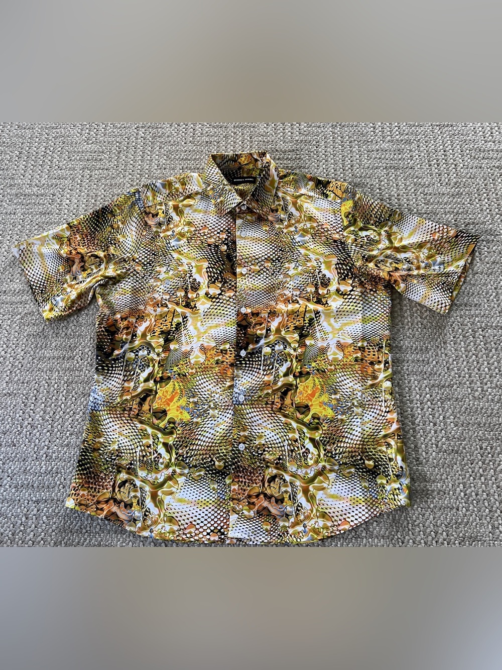 Barry Wang Men's Dress short sleeve button Shirt, snake skin, yellow/blk, Large